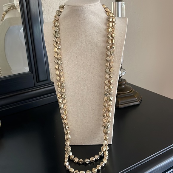 SIGNED CHICO'S  LONG GOLDTONE NUGGET OR PEARL DOUBLE-STRAND NECKLACE - Picture 2 of 5